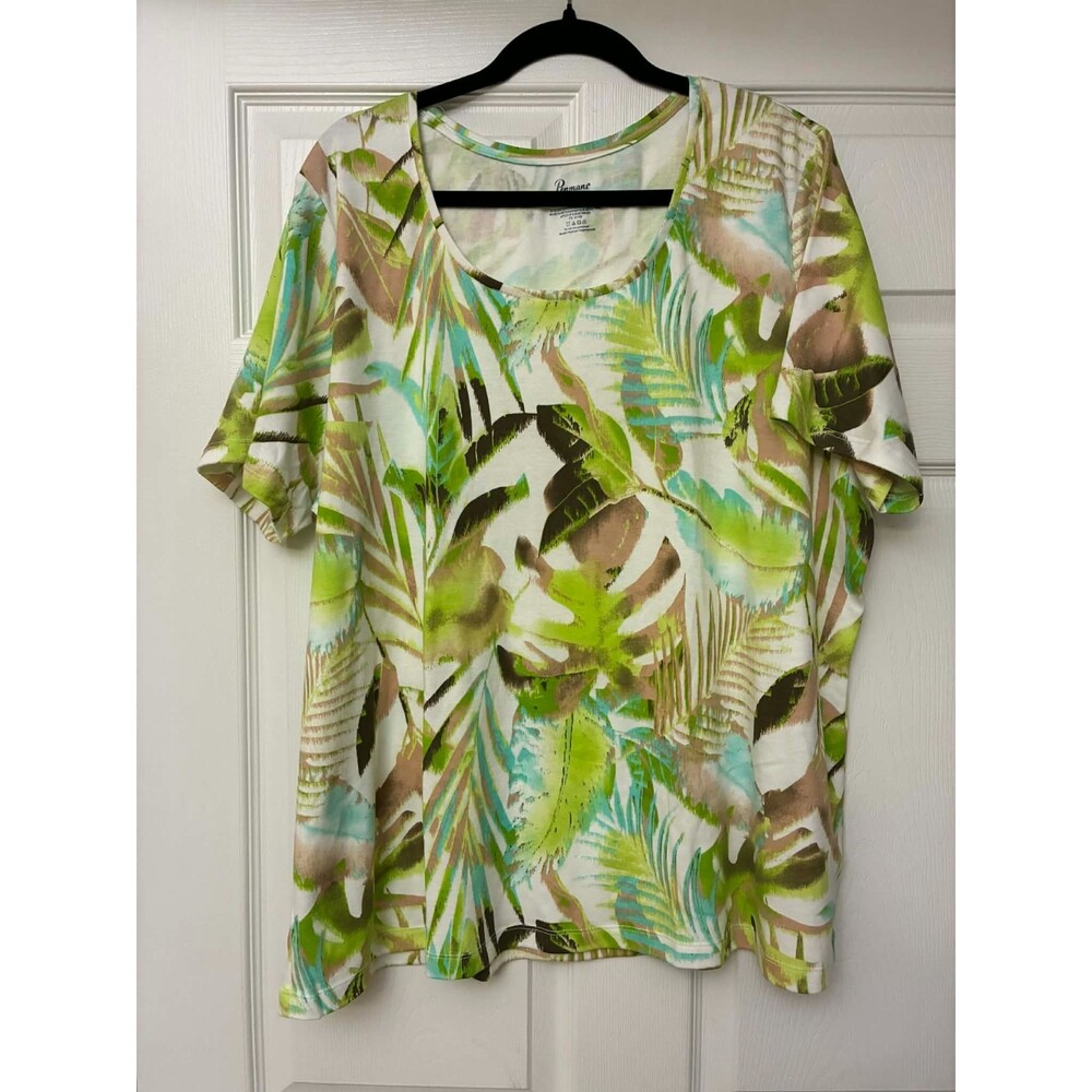 Penmans Plus 3X Tropical Leaf Print Short Sleeve Knit Top Green Casual Stretch‎